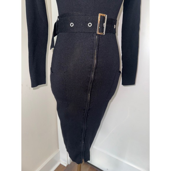 HERA COLLECTION Black Ribbed Turtleneck Zip Front Midi Sweater Dress Size S - Picture 3 of 5